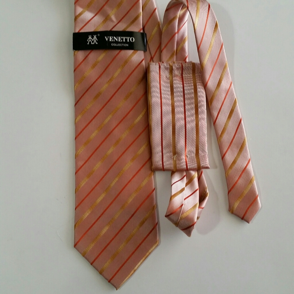 Venetto NWT Men's Necktie & Pocket Square Set Orange Gold New